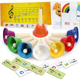 8 Diatonic Color-Coded Hand Bells, Sheet Music Book, Stickers, Musical Dominoes for Children, Adult