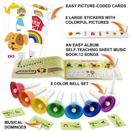 8 Diatonic Color-Coded Hand Bells, Sheet Music Book, Stickers, Musical Dominoes for Children, Adult