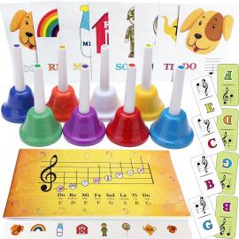 8 Diatonic Color-Coded Hand Bells, Sheet Music Book, Stickers, Musical Dominoes for Children, Adult