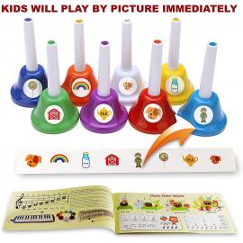 8 Diatonic Color-Coded Hand Bells, Sheet Music Book, Stickers, Musical Dominoes for Children, Adult