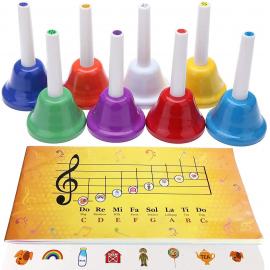 8 Diatonic Color-Coded Hand Bells, Sheet Music Book, Stickers, Musical Dominoes for Children, Adult